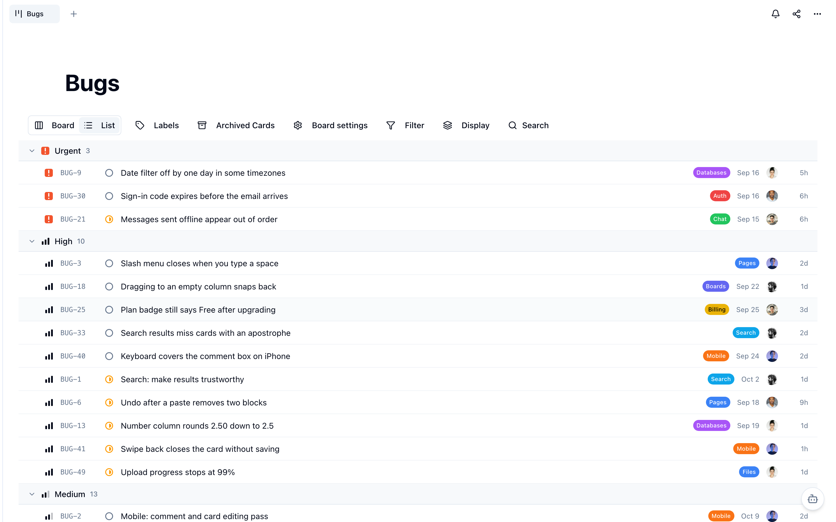 A LumifyHub Bugs board in List view, grouped by priority: three Urgent cards on top, then ten High, each row showing a priority icon, ticket number, status, title, a coloured area label, due date, assignee and when it was last updated.