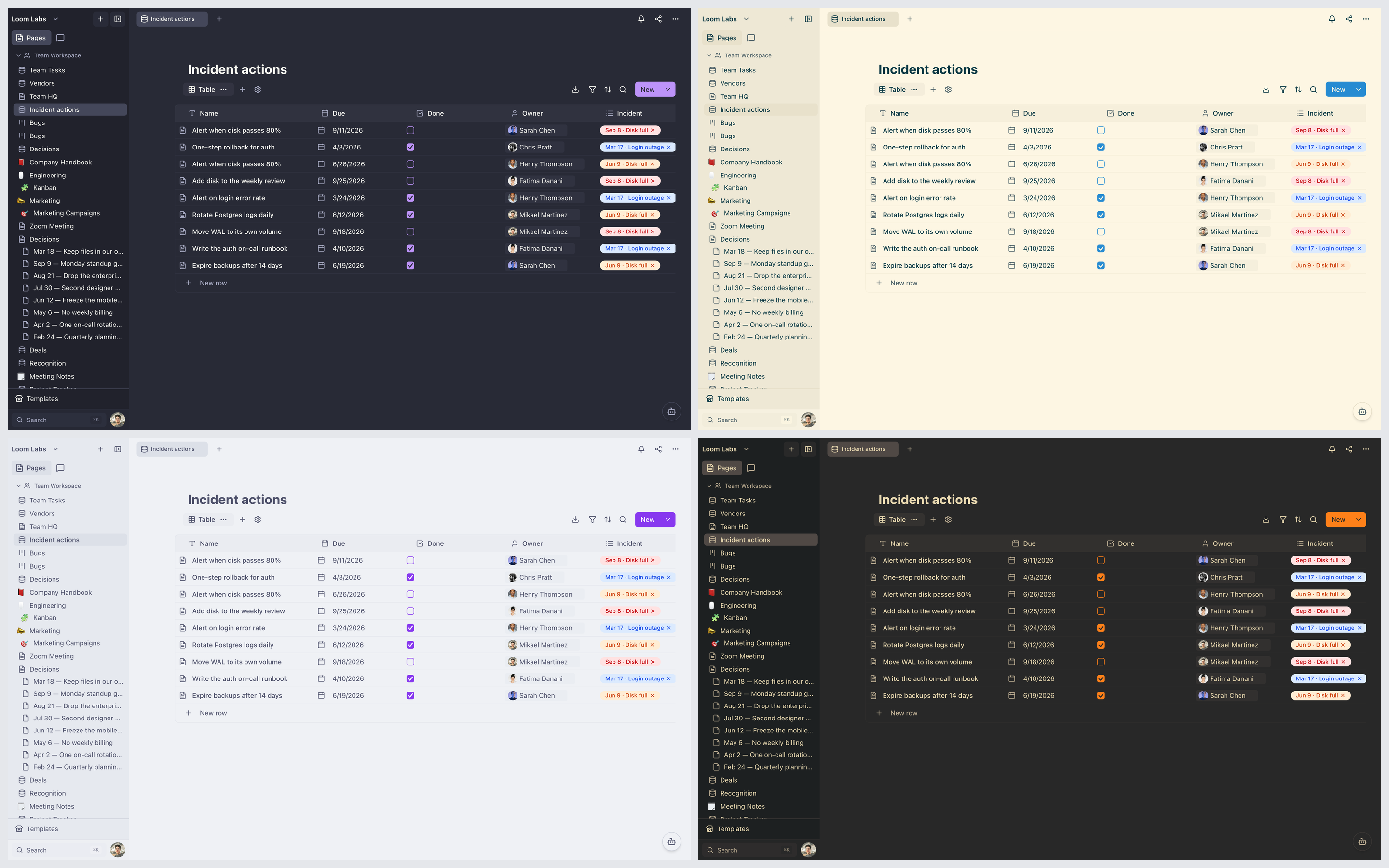 The same LumifyHub database shown four times in four of the new themes: Dracula, Solarized Light, Catppuccin Latte and Gruvbox Dark.
