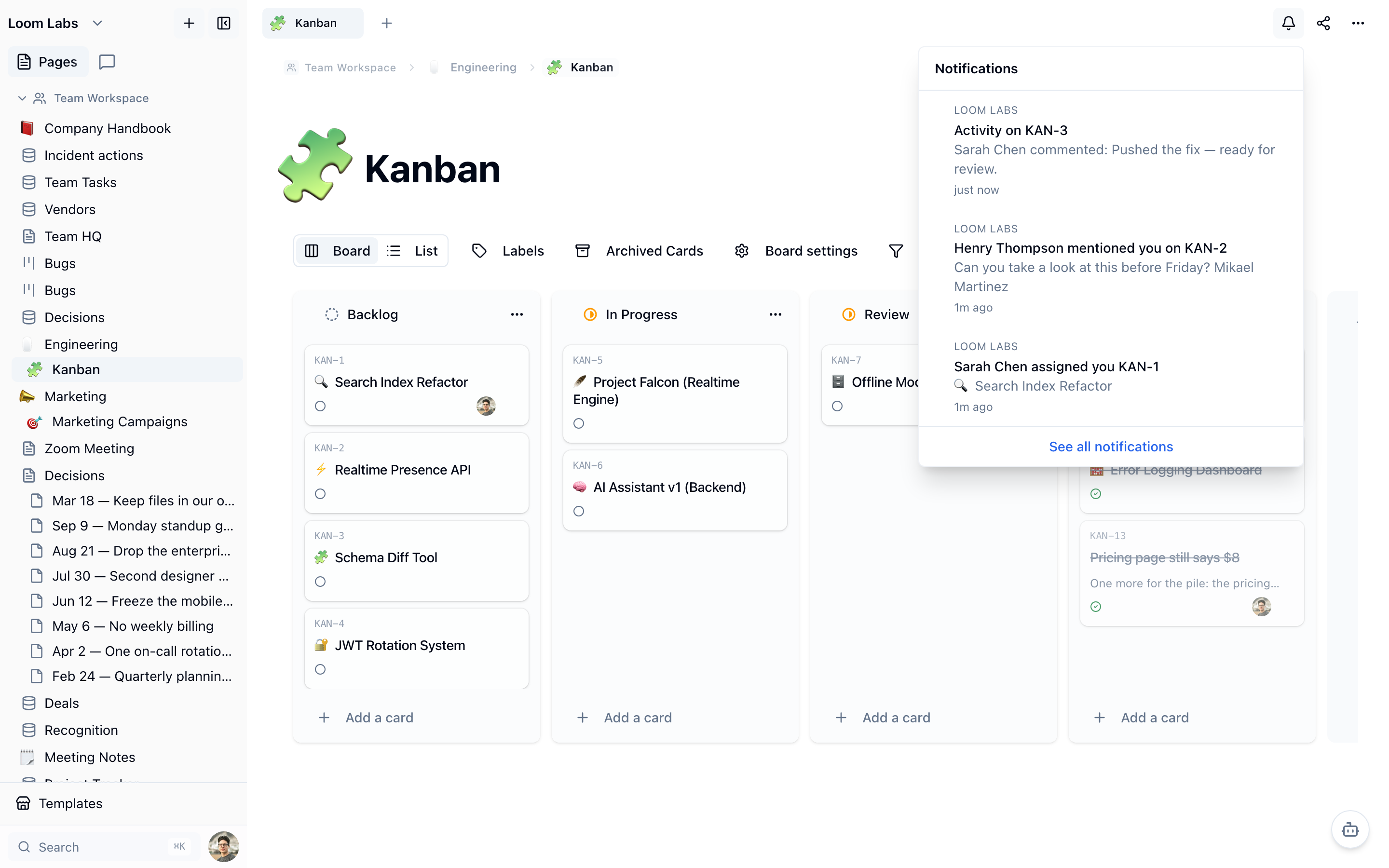 The notification bell open, showing three card notifications: activity on a watched card, an @mention, and a card Sarah Chen assigned.