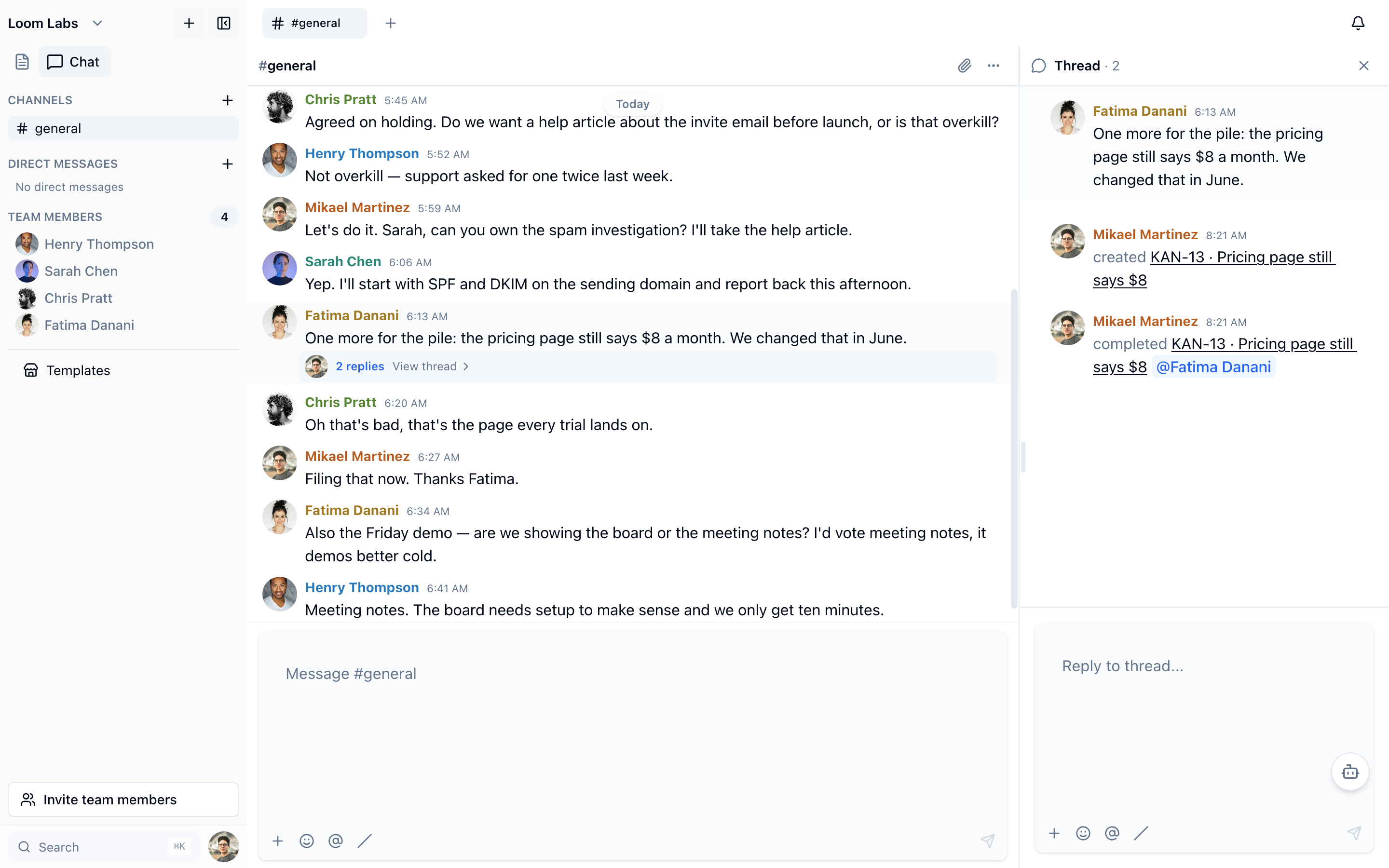 A #general message about the pricing page, with its thread open beside it showing two lines: the card being created, and the card being completed.
