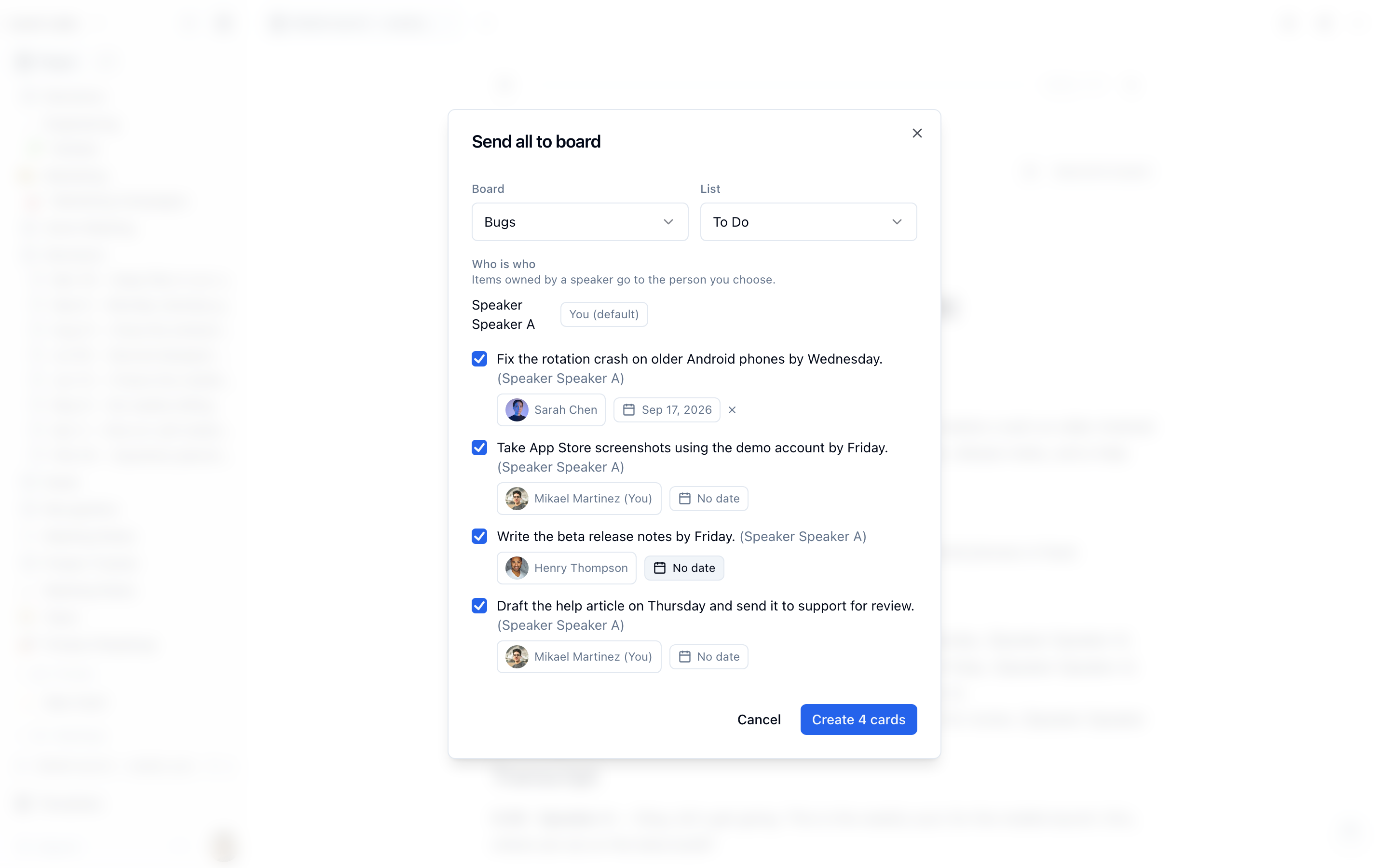 The Send-all-to-board dialog for a meeting note: a board and list chosen, a speaker map, and four action items each with its own owner and an optional due date.