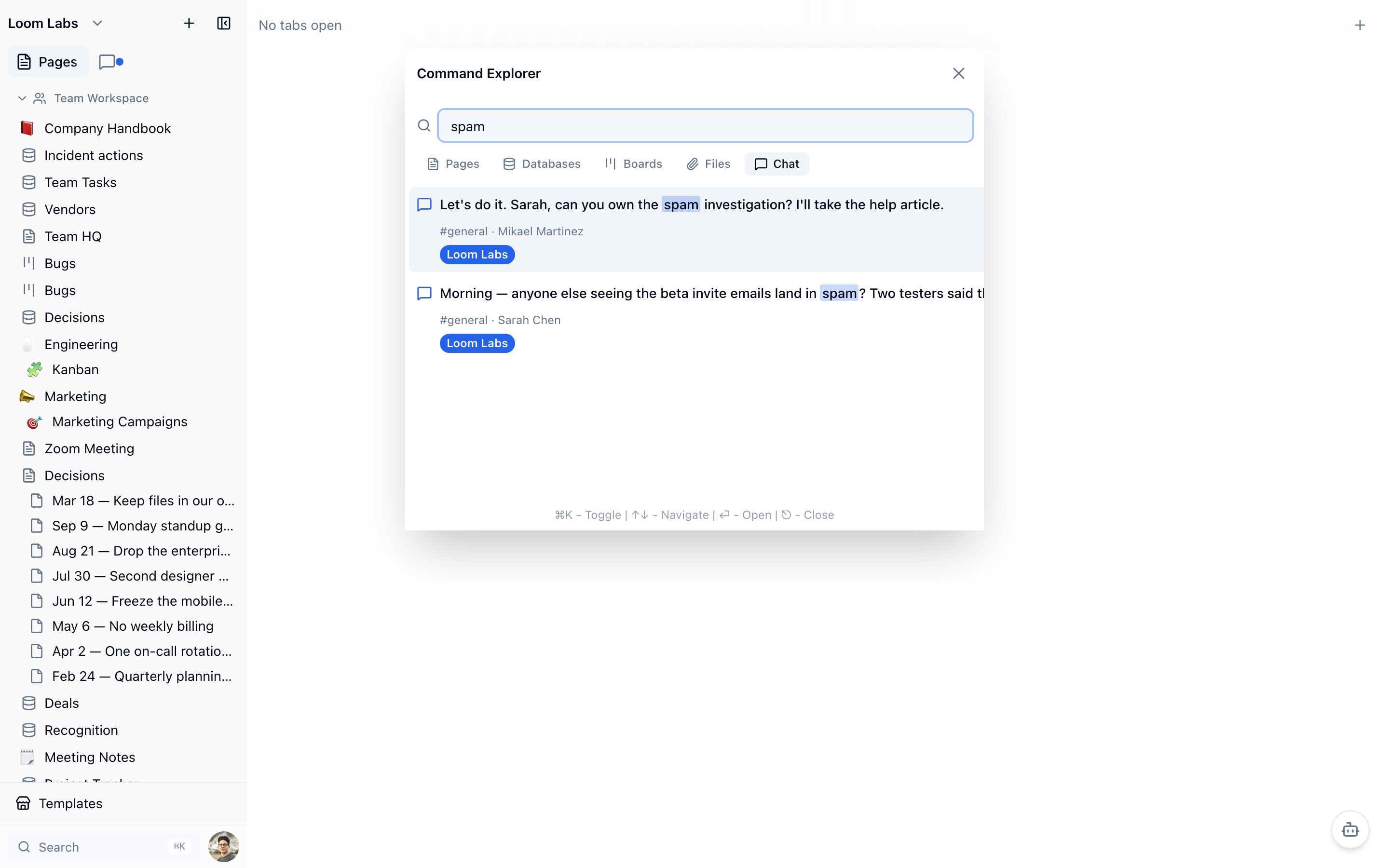 The Command Explorer on its Chat tab, showing two messages that match the word spam, each with its channel and sender.