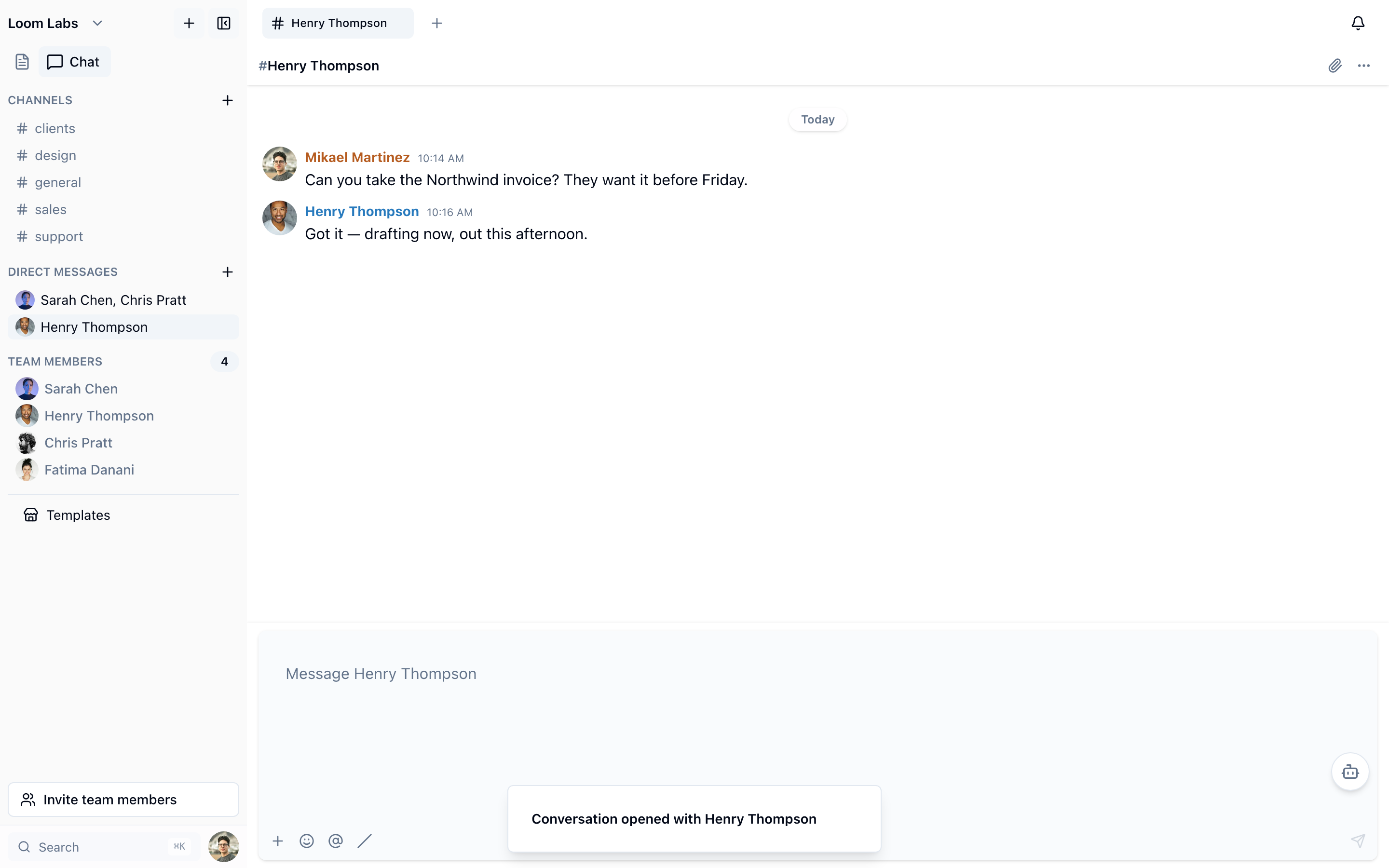 A one-to-one conversation between two people in the Loom Labs workspace, with that conversation and a group named after its members both listed under DIRECT MESSAGES in the sidebar.